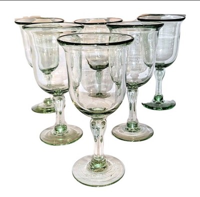 Pottery Barn Casa Goblet 6 Hand Blown Green Glass 8'' Recycled Glasses Mexico NEW
