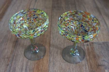 Pair Vintage 6" Confetti Hand-Blown Margarita Martini Colorful Glasses barware