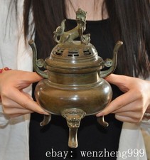 8"old China Ancient Bronze fengshui Fu Foo Dog Lion Incense burner Censer Statue