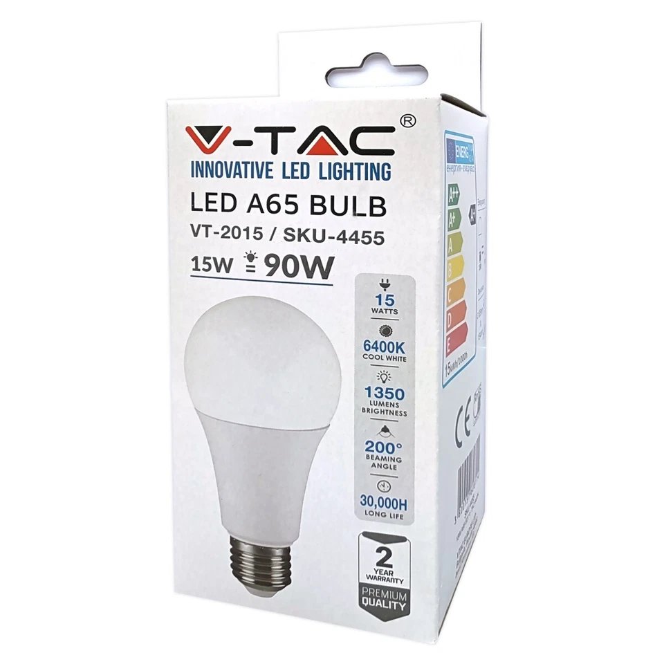 Lampadina LED V-Tac 15W E27 A65 6000K VT-2015 - 4455 Bianco Freddo - 5pz - Immagine 2 di 4
