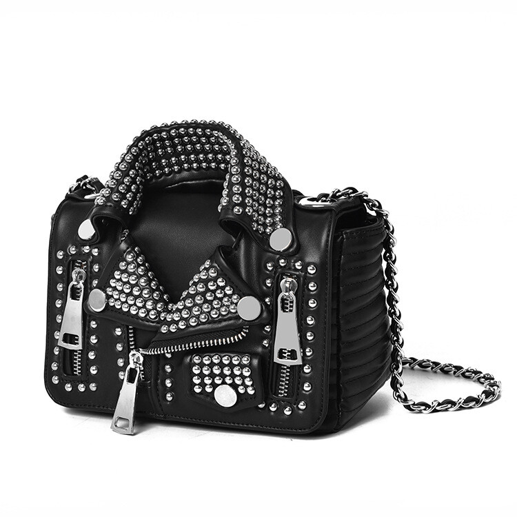 New Womens Rivet Locomotive Bag Black Crossbody Shoulder Bag Chain Messenger Bag