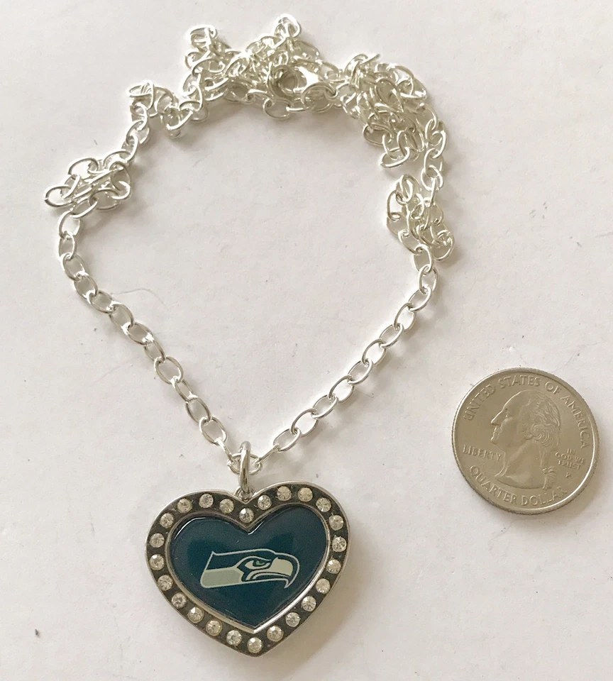 Seattle Seahawks Rhinestone Crystal Heart Charm Necklace  NFL Licensed Jewelry - Image 3 of 4