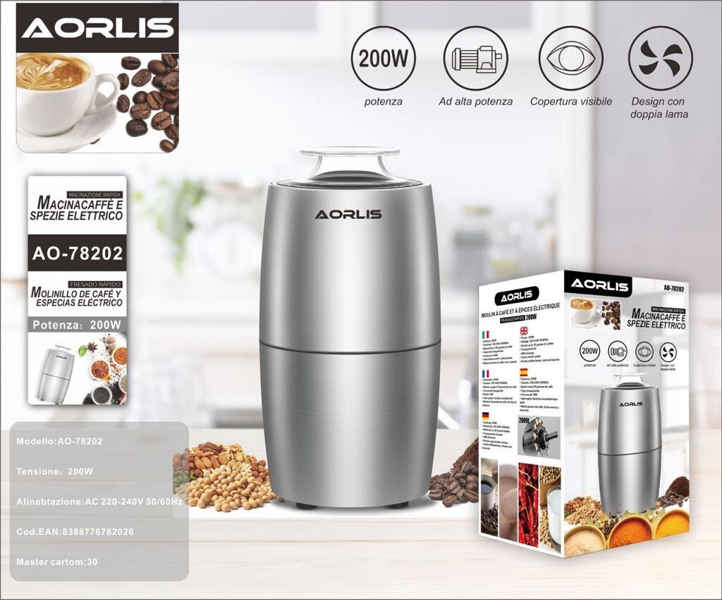 x Macinacaffè e Spezie Elettrico Aorlis AO-78202 - 200W Doppia Lama Acciaio Inox