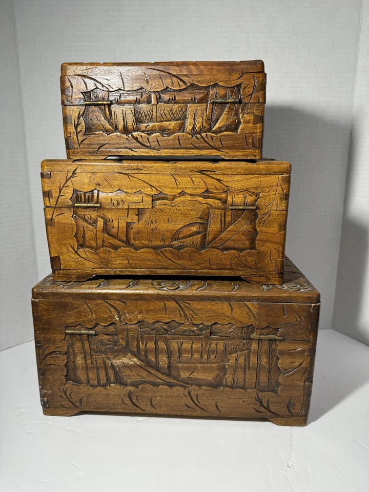 古董中国樟脑木箱嵌套深雕刻盖嵌套双尾 — 第 4/4 张图片