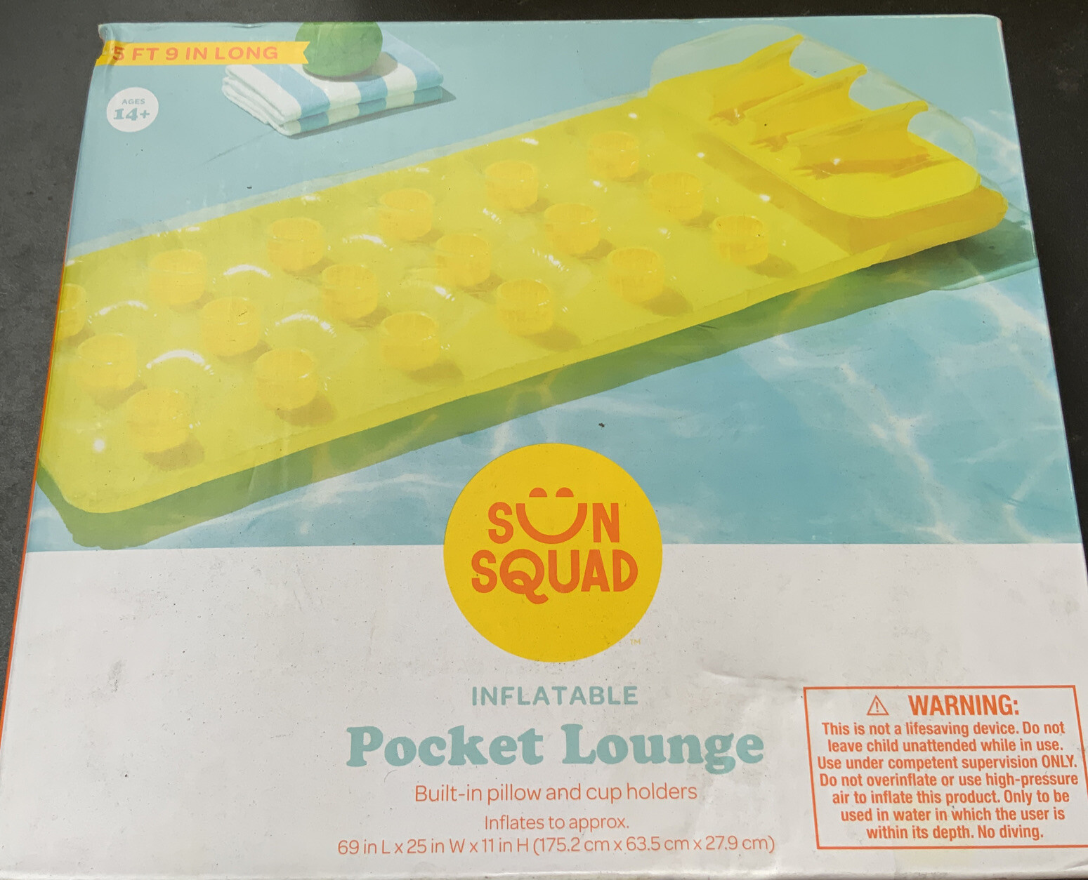 🍏 Sun Squad Inflatable Pocket Pool Lounge Built in Pillow & Cup Holders