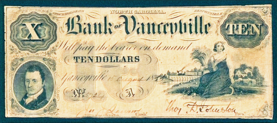 1855 $10 Bank of Yanceyville North Carolina Uncirculated Note Signed