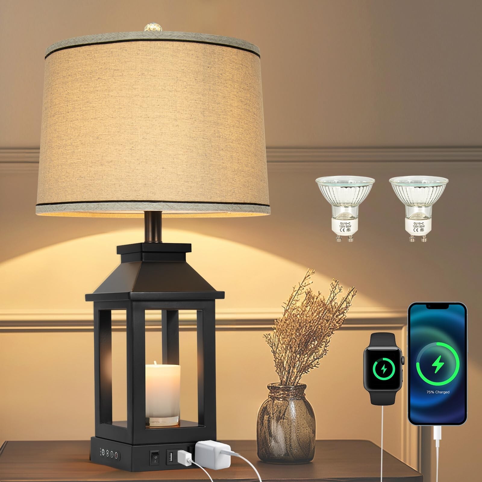 Table Lamps for Living Room with Candle Warmer Lamp, Black Lamp with USB Port...