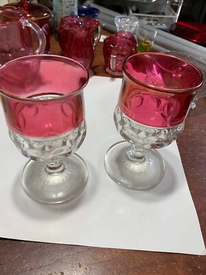 Set of 2 Glass Goblets Clear w/ Rose colored tops Heavy
