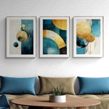 Petrol and Gold Wall Art Set of 3 Prints Abstract Petrol Design with Golden Roun