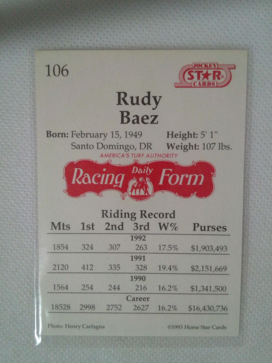 Rudy Baez trading card (Horse Racing) 1993 Jockey Star #106 | eBay