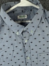 KENZO Paris Button Up Shirt Long Sleeve Blue Striped Eye Print Slim 15.25 39 