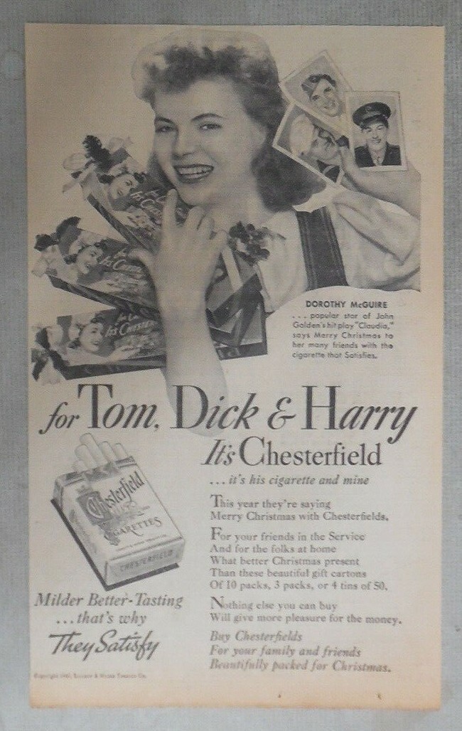 Chesterfield Cigarette Ad: Actress Dorothy McGuire from 1941 Size: 7 x 11  inches