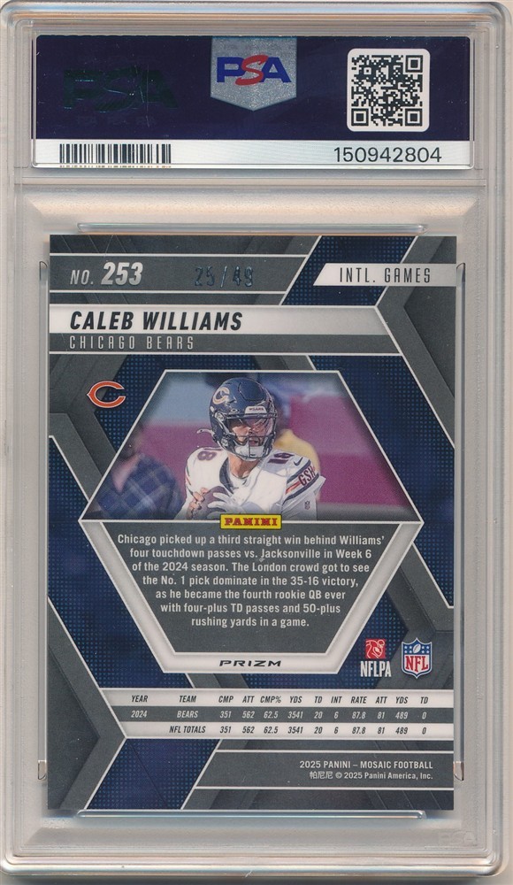 CALEB WILLIAMS 2025 PANINI MOSAIC #253 PURPLE PRIZMS SP #25/49 PSA 10 GEM MINT view 2