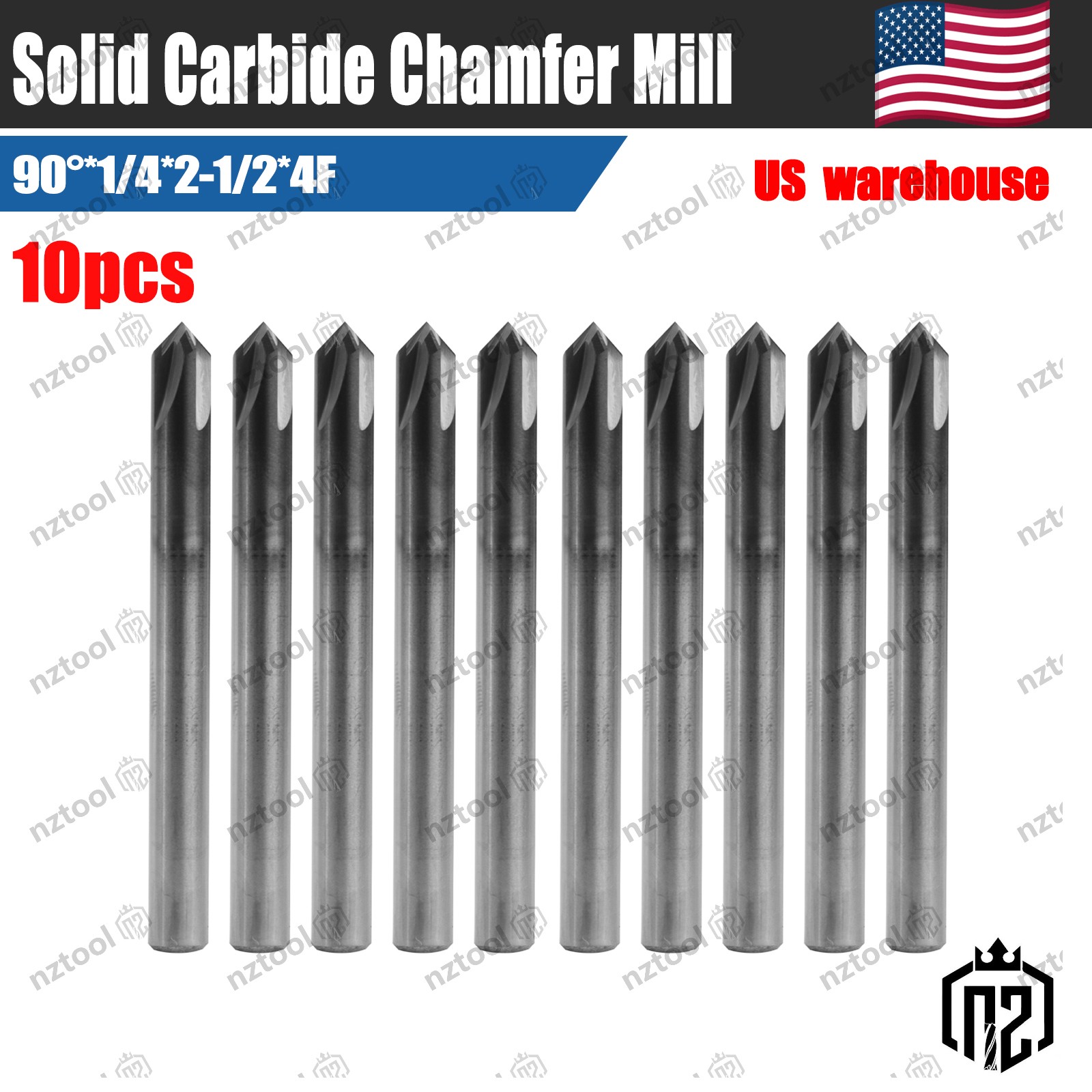10PCS 1/4" 4 Flute 90 Degree Carbide Chamfer Mills - Single End - AlTiN Coated
