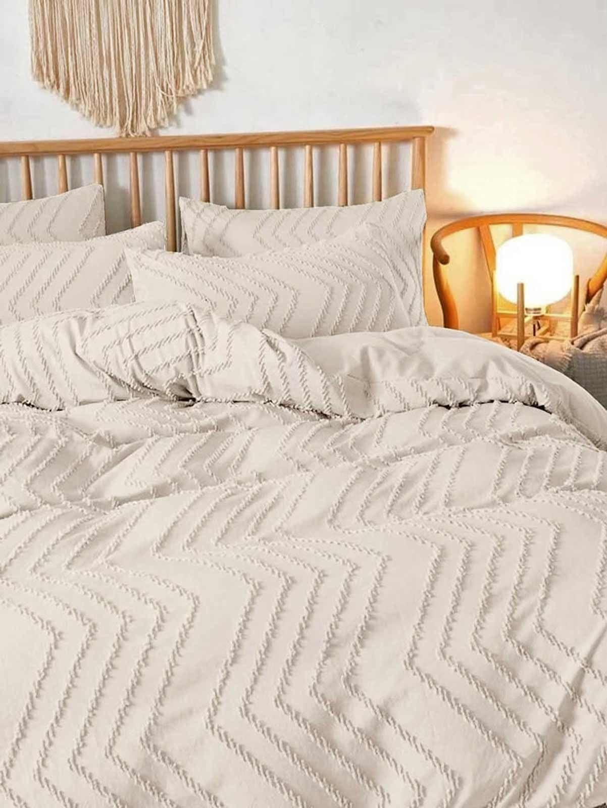 King Comforter Set Beige Tufted Jacquard Boho Soft Shabby Chic Reversible Dow...