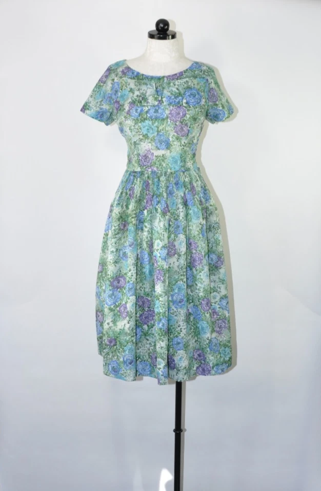 60s Vintage Leslie Fay Green Floral Short Sleeve Fit And Flare Day Dress Women M - Image 2 of 4