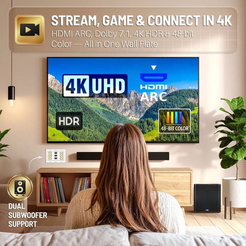 7.1 7.2 Home Theater Speaker Wall Plate + 2 RCA Jacks + 3 HDMI Connectors White - Picture 4 of 8