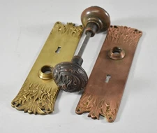 Art Nouveau Brass and Cooper Door Plate and Knob Set