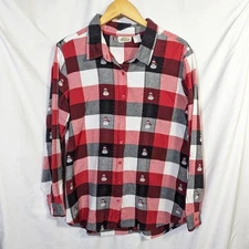 Collections Etc. Checked Plaid Snowman Cotton Buttondown Shirt Holiday Sz L