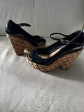 VINTAGE CHANEL Navy Blue Patent Leather Quilted Cork Open Toe Wedge Platforms -7