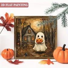 Cute Ghost Holding Pumpkin Haunted House Moon Wooden Sign Halloween Wall Decor