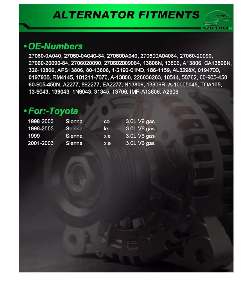 Alternator For Toyota Sienna 1998 1999 2000 2001 2002 2003 1998-2003 13806N - Image 2 of 4