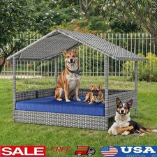 Large Dog House Waterproof Roof Washable Cushion Indoor Outdoor Wicker Pet Bed