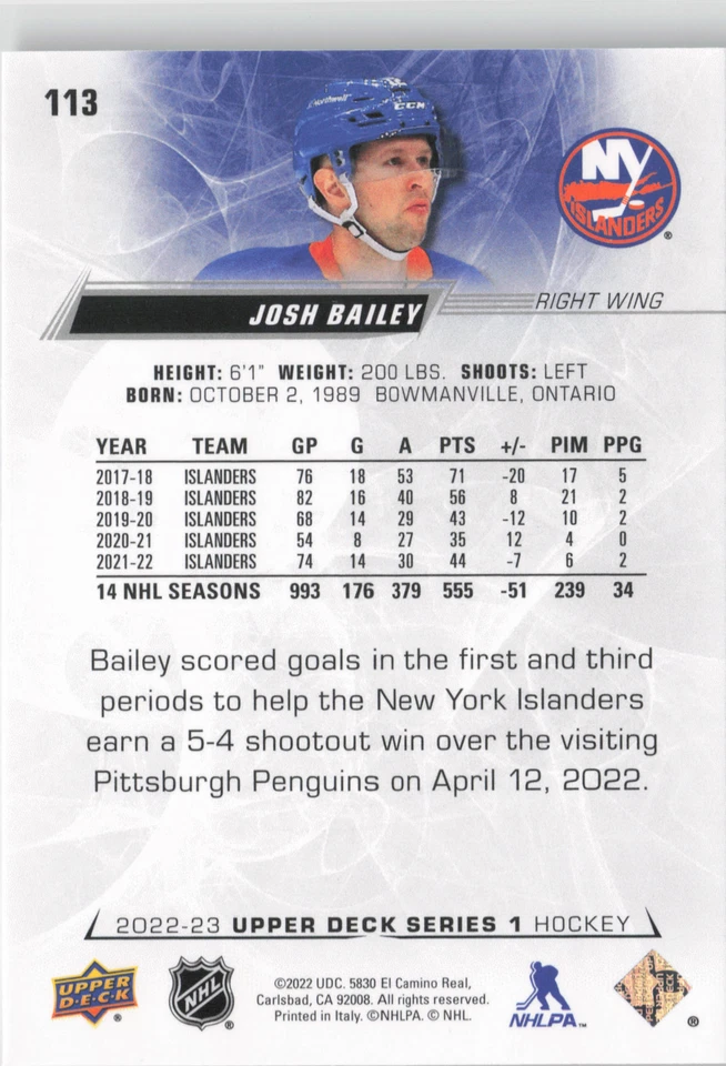 2022-23 Upper Deck #113 Josh Bailey - Image 2 of 2