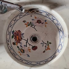 antique Carrara marble wash basin with hand-painted floral design sink bowl
