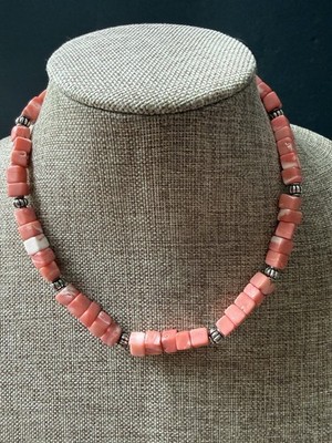 Vintage Pink Coral Salmon Necklace Cube Beads Beaded Silver Tone Toggle Coastal