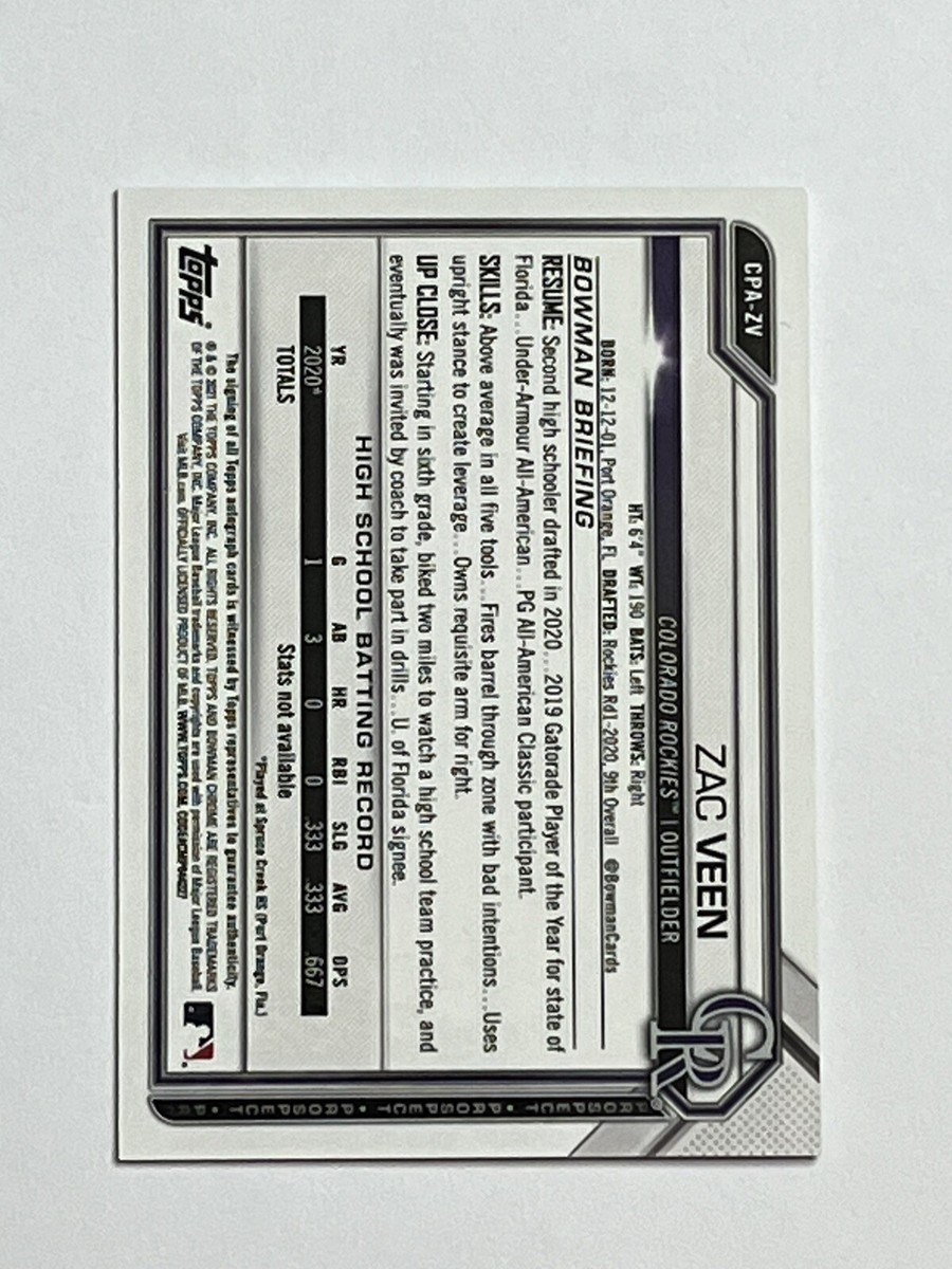 2021 Bowman Chrome Zac Veen Auto Speckle Refractor /299 #CPA
