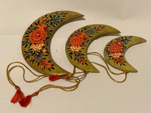 Papier-Mache Crescent Moon Ornaments Hand-Decorated Set - Picture 5 of 6