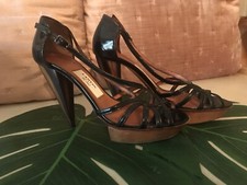 750 LANVIN 2009 HEELS SANDALS Black patent LEATHER PLATFORM PUMPS SZ5.5 35.5