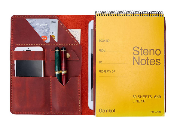 Cow Leather Notebook Cover for iPad & Laptop with Pen Holder Wine Red H643-image