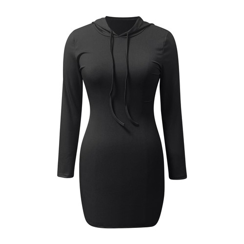 Mujeres Manga Larga Liso Mini Vestido Largo Sudaderas con Capucha Suéter Vestido Bodycon - Imagen 8 de 20