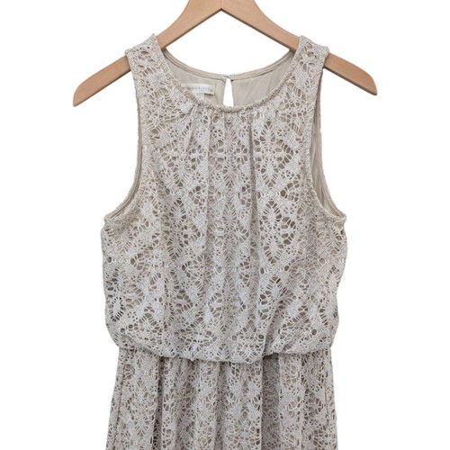 London Times Crochet Maxi Blouson Dress Oatmeal Beige Sleeveless Lined Size 8 - Picture 3 of 9