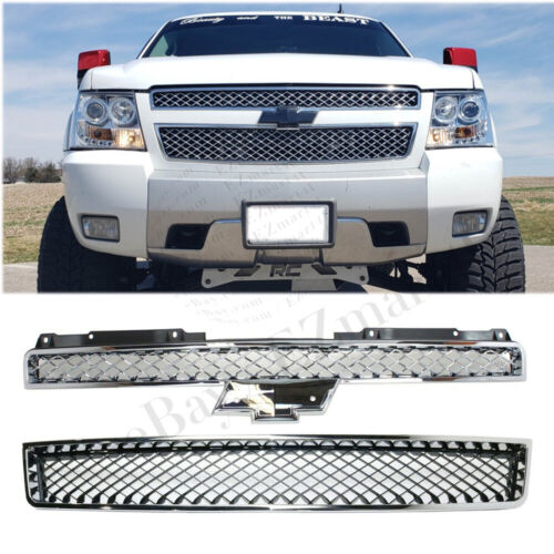 2PC Front Bumper Grill For 2007-2014 Chevrolet Tahoe Chrome Upper