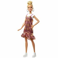 Barbie Fashionistas Doll #142 Updo Hair Pink Shimmery Plaid Dress Doll GHW56