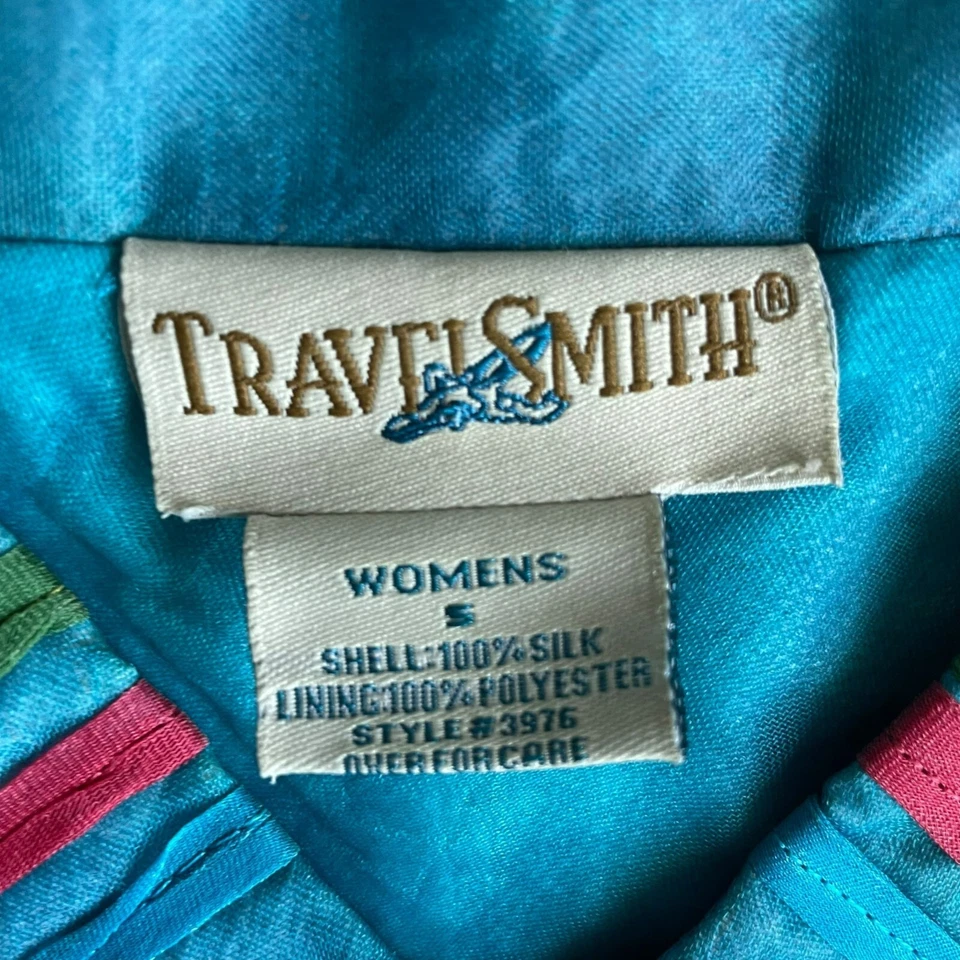 Jaqueta de seda Travel Smith tamanho pequeno botão frontal bordado patchwork vintage - Imagem 4 de 4