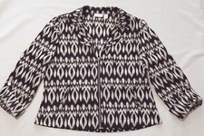 Chico's 1 Black White Full Zip IKAT Jacket Roll Up Snap Tab Sleeves Elastic Back