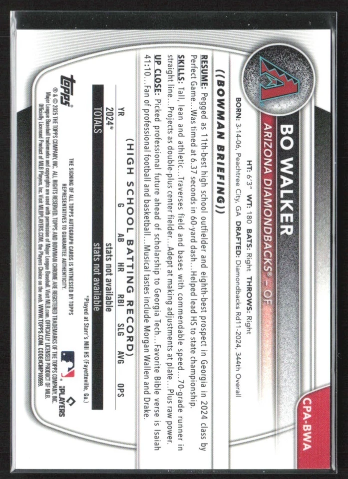 Bo Walker 2025 Bowman Chrome Green Refractor Auto /99 #CPA-BWA Arizona - Image 2 of 3