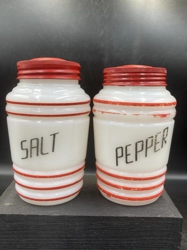 Hazel Atlas Milk Glass Beehive Red Rings Salt & Pepper Shakers