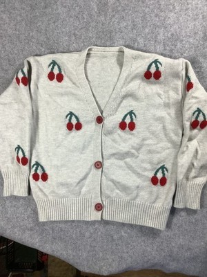 Vintage Damen Strickjacke weiß mit Kirschmuster Knöpfen 046x