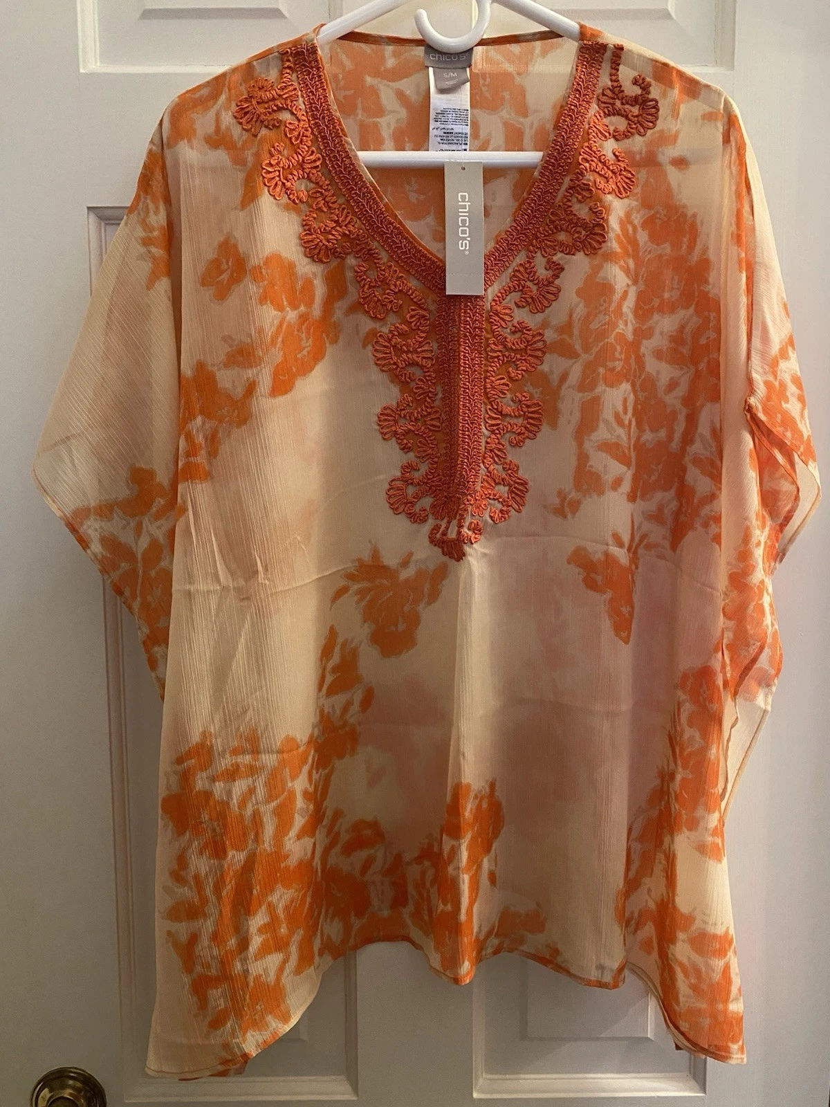 Resort Chico’s Flowy Boho Embroidered Poncho Size S/M Semi-Sheer Pullover Blouse