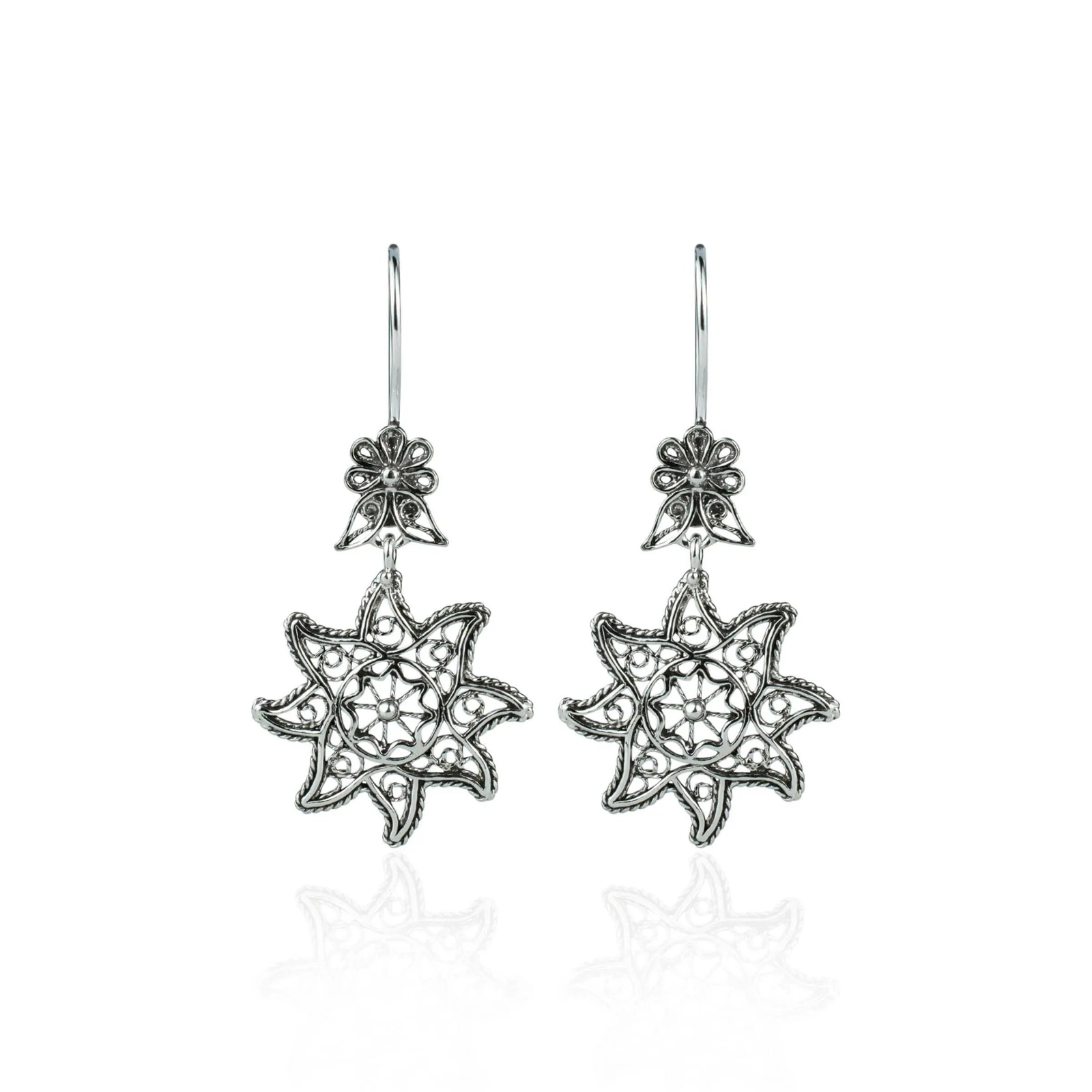Filigree Art Star Figured Women Sterling Silver Dangle Drop Earrings