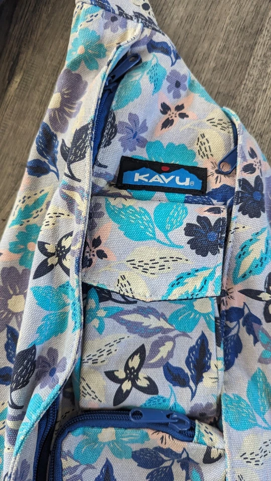 KAVU Rope Sling Bag Purple Blue Floral Print Crossbody Backpack Outdoor Travel - Image 3 of 4