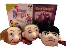 The Three Stooges Bundle- Vintage 1997 Knucklehead 4" Plush Beanie Heads  DVDS