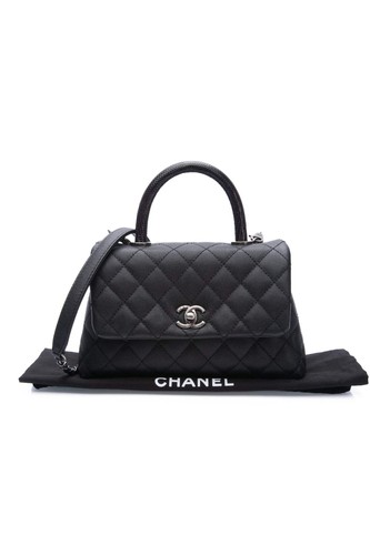 CHANEL Black Caviar Lizard Quilted Small Coco Handle Flap Bag