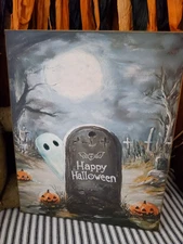 GOTHIC FOLK  ART PRIMITIVE VINTAGE STYLE HALLOWEEN PEEKING GRAVEYARD GHOST SIGN
