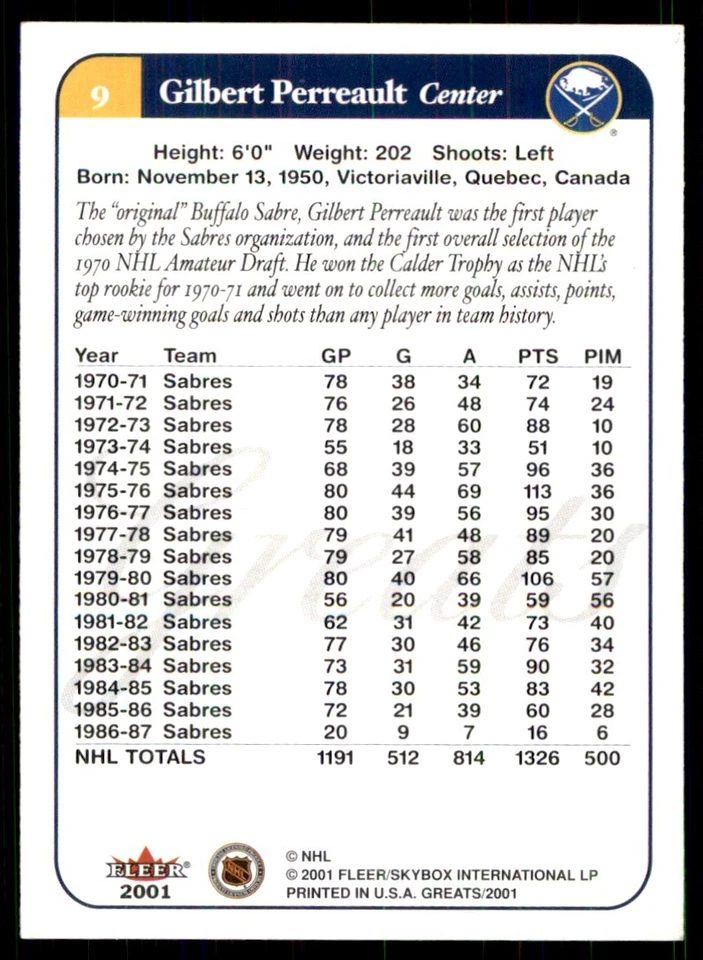 2001-02 Fleer Greats of the Game Gilbert Perreault Buffalo Sabres #9 - Image 2 of 2